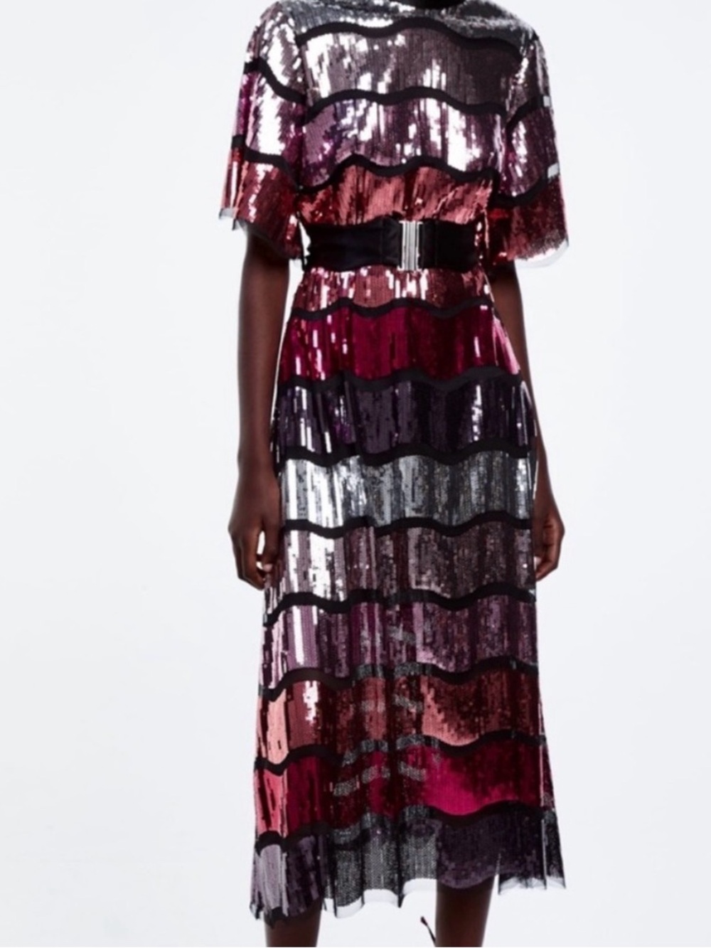 ISO - Zara Striped Sequin Midi Dress in Silver, Pink, Red and Black